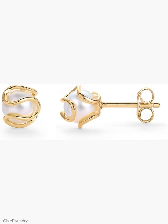 Jewelry - Gold Plated Round Caged Pearl Stud Earrings Freshwater Cultured Hypoallergenic